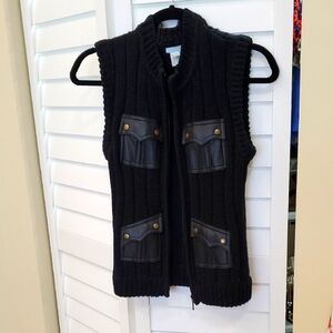 Black Knit Vest with Leather Like Accents